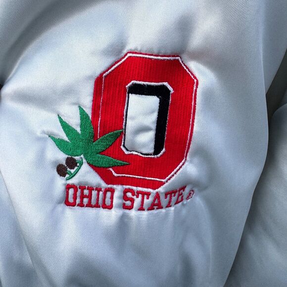 Vintage Ohio State Buckeyes Satin Holloway Snap Jacket Silver Red Mens Large - Picture 9 of 12